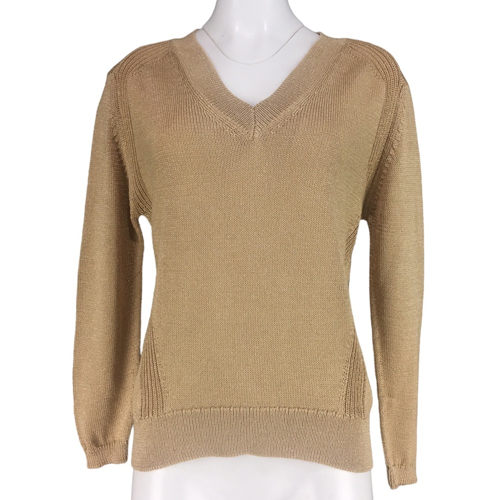 Elliot Lauren V Neck Sweater Metallic Gold Thread Camel Brown Womens Size M